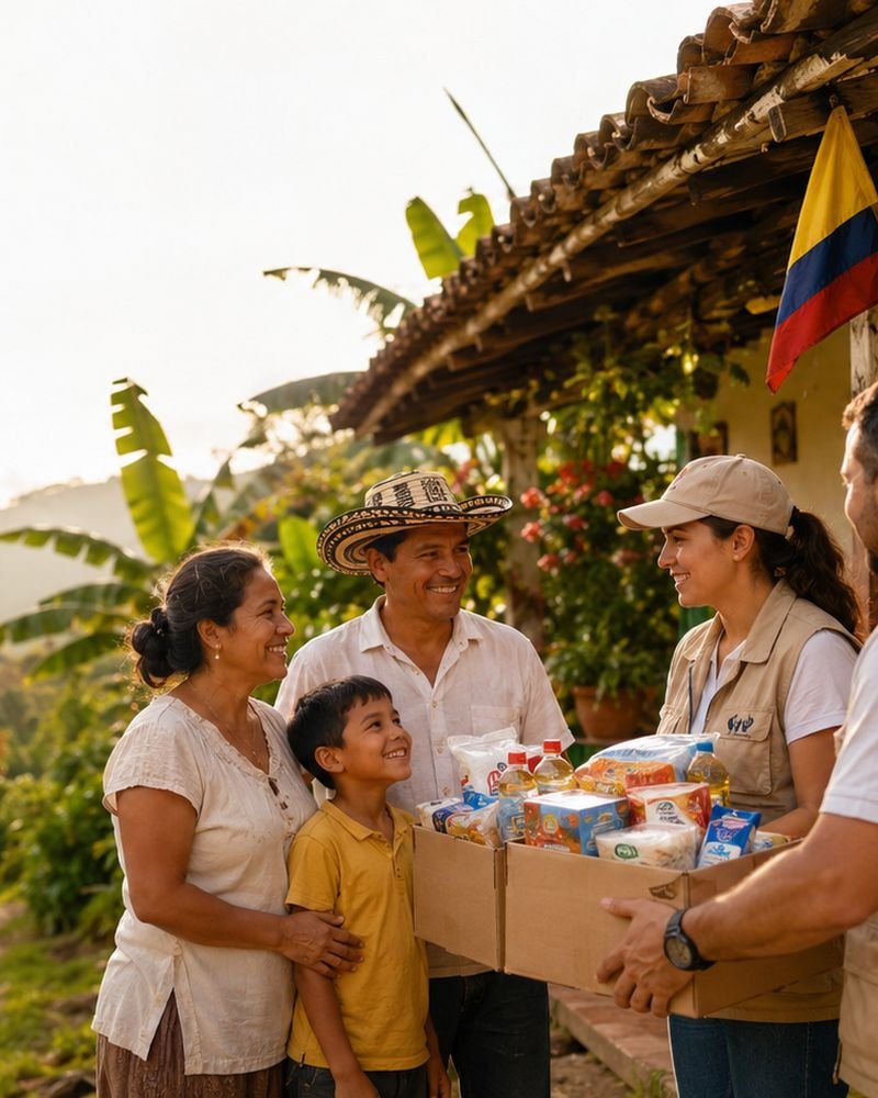 Una familia campesina recibe una caja con alimentos y productos de aseo frente a su casa, al atardecer.