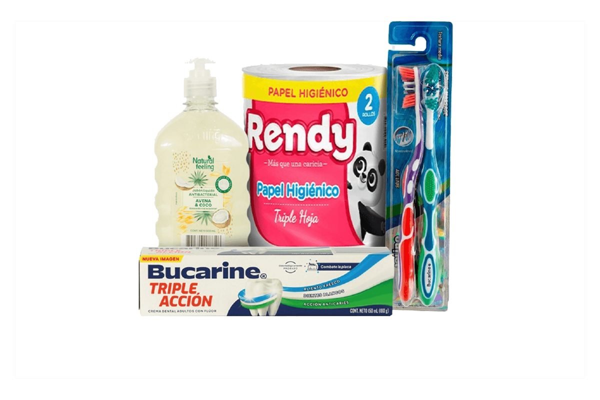 Kit #1 de aseo: jabón líquido, papel higiénico, crema dental y cepillos de dientes.
