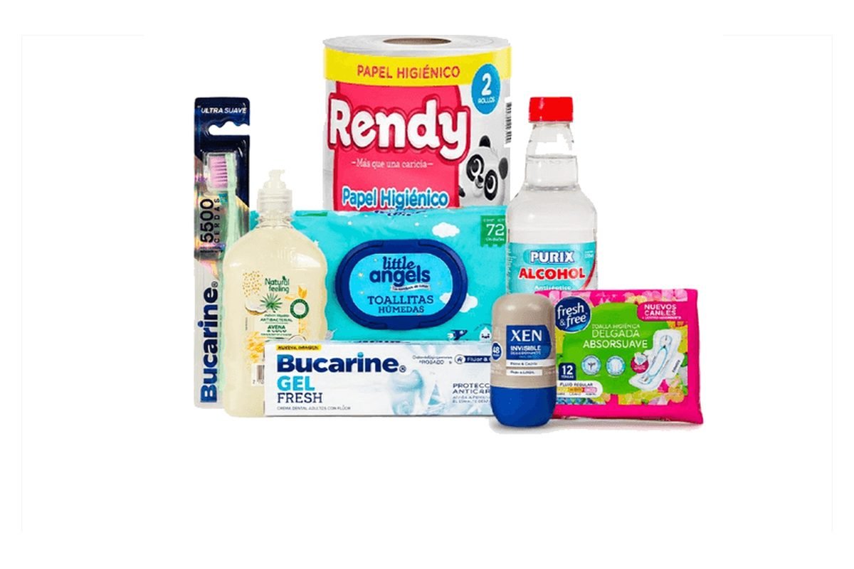 Kit #2 de aseo: jabón líquido, papel higiénico, alcohol, toallitas húmedas, crema dental, desodorante y toallas femeninas.