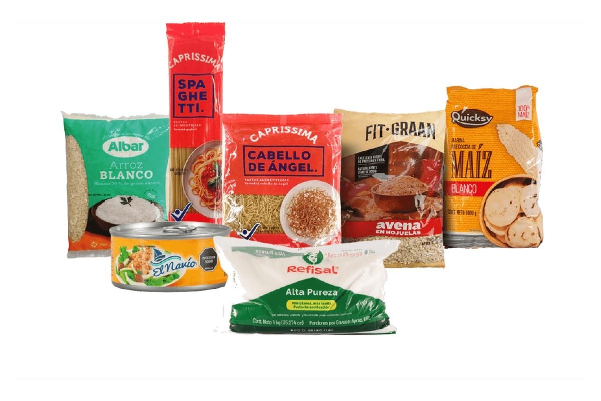 Kit #3 de alimentos: arroz, atún, spaghetti, cabello de ángel, avena, harina de maíz y sal.
