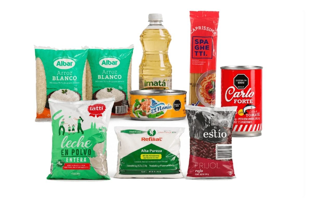 Kit #4 de alimentos: dos arroces, aceite, spaghetti, atún, conserva de pescado, leche en polvo, sal y fríjol.